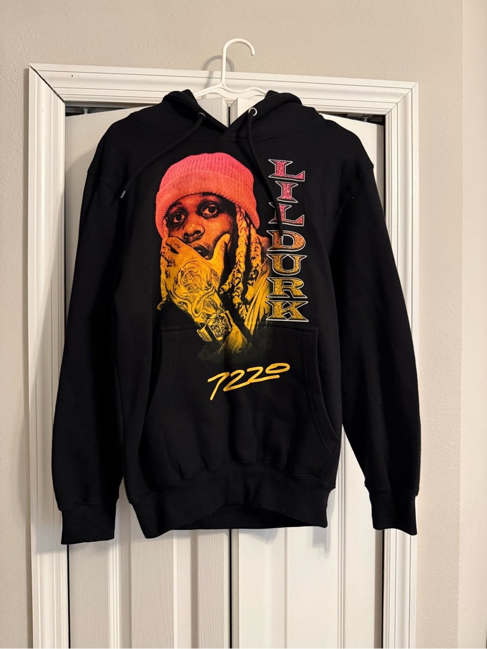 Black Lil Durk Graphic Pullover Hoodie with Pink and Yellow Print